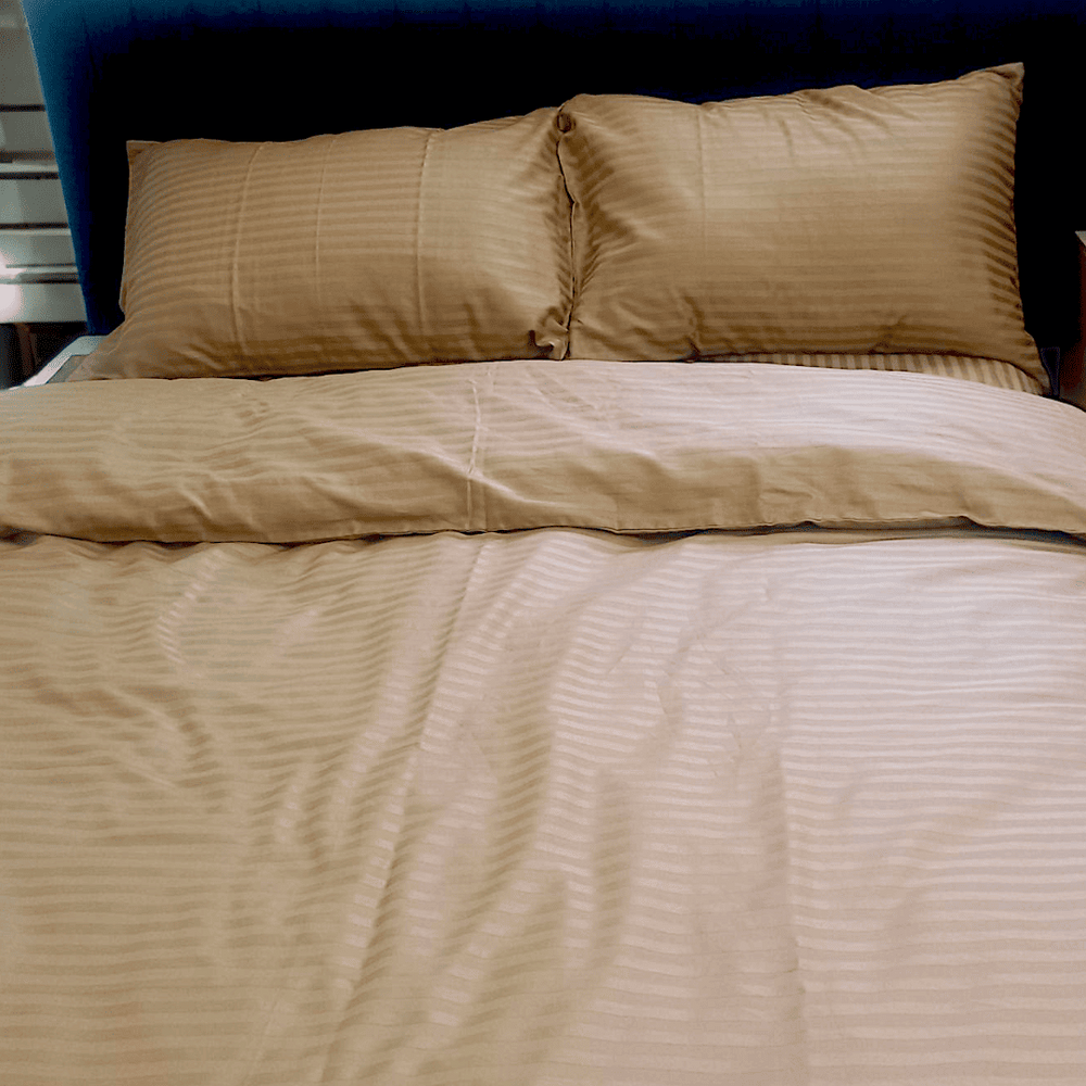 Striped satin bed linen set 100% cotton cappuccino family size 50586 photo