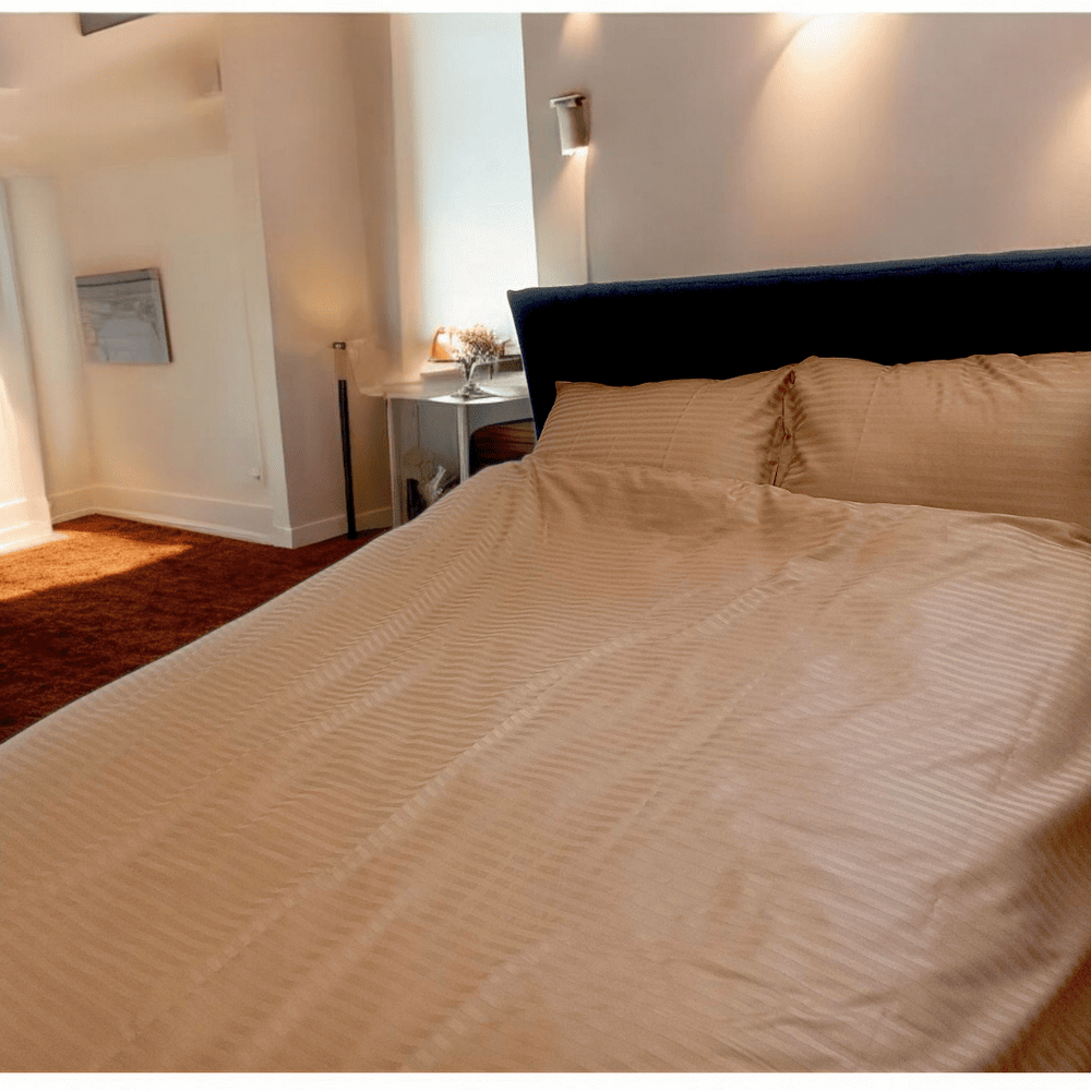 Striped satin bed linen set 100% cotton cappuccino family size 50586 photo