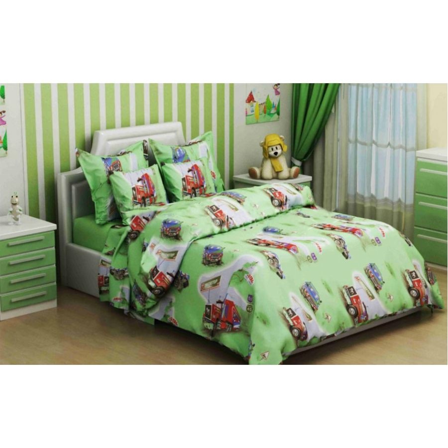 Teenage set "Trucks" for boys, Adolescent, Calico Gold, 50Х70-1 pcs, 1.50Х2.20-1pcs, 1.45Х2.10-1pcs, 100% cotton, Attention! The shade of the fabric may differ from the photo depending on the monitor settings!, Sewing a sheet with an elastic band! Sewing sheets and duvet covers with zippers!
