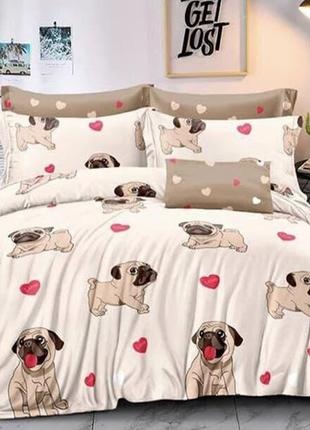 Teenage set "Pugs"universal, Adolescent, Calico Gold, 50Х70-1 pcs, 1.50Х2.20-1pcs, 1.45Х2.10-1pcs, 100% cotton, Sewing a sheet with an elastic band! Sewing sheets and duvet covers with zippers!